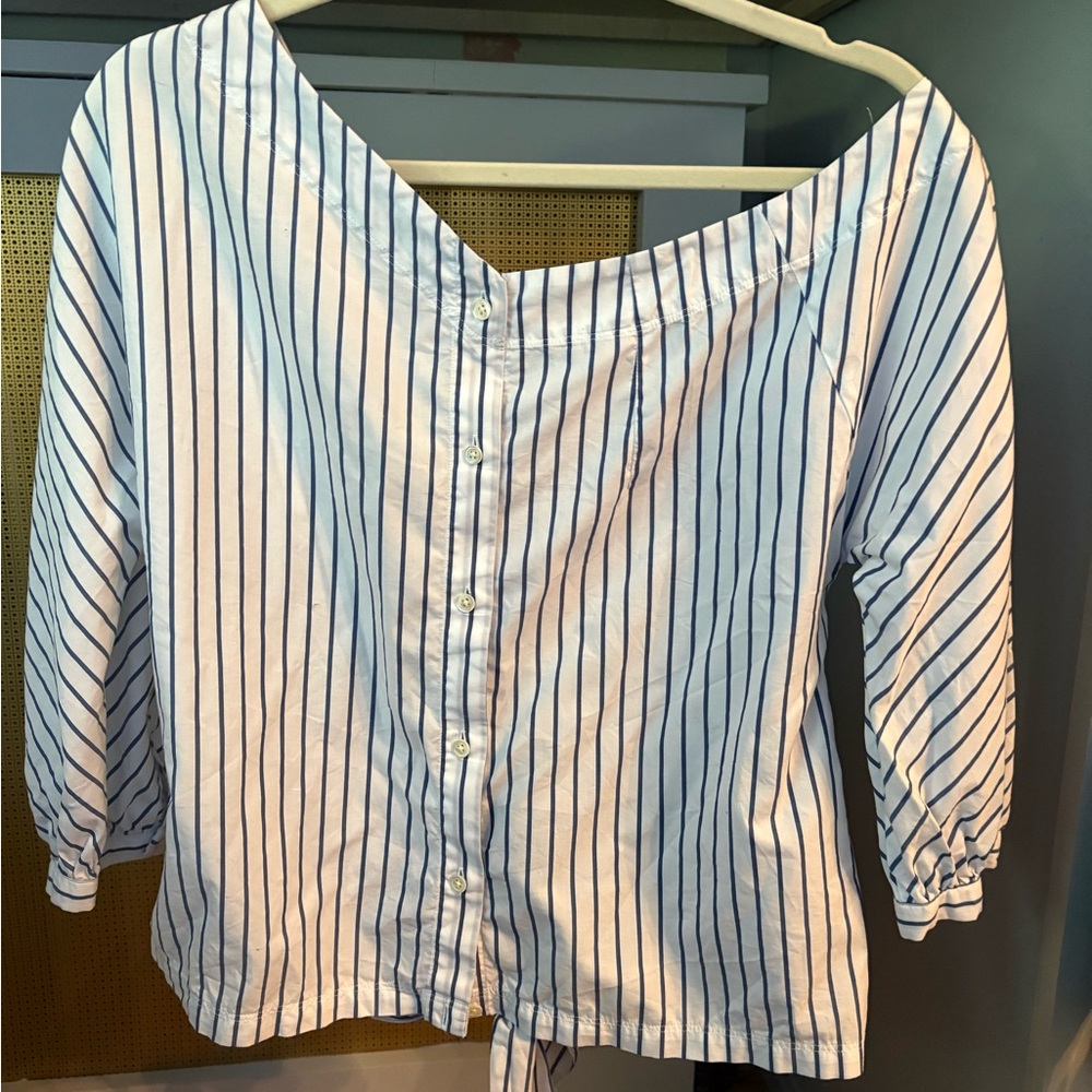 Frame Denim White and Blue Striped Blouse